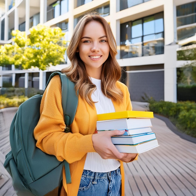 Portrait photo d'un jeune étudiant universitaire ou collégial souriant tenant des livres avec un sac à dos