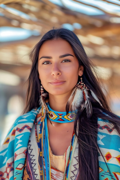 Photo portrait rapproché d'une femme amérindienne en vêtements traditionnels sur le fond d'un village amérindien traditionnel