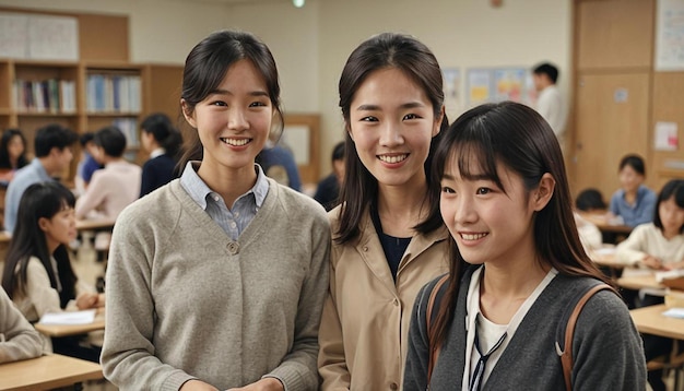 Photo portrait de trois belles étudiantes rassemblées dans la salle du collège