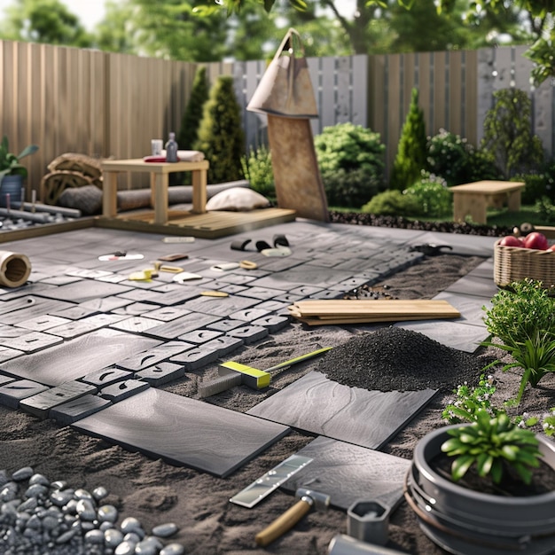 Photo poser des pavés de jardin avec tous les outils nécessaires pour le tuileur