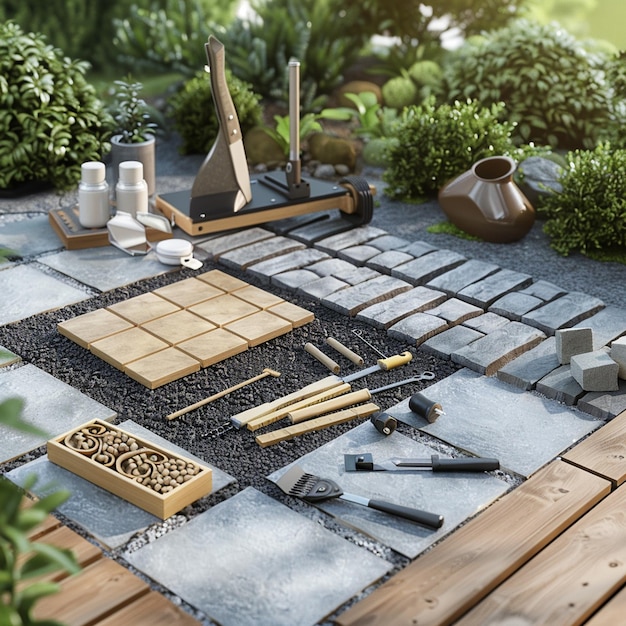 Photo poser des pavés de jardin avec tous les outils nécessaires pour le tuileur