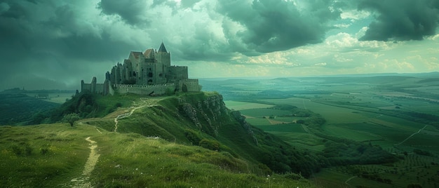 Photo une prise de vue captivante d'un ancien château sur une colline entourée de vallées verdoyantes et sous un ciel nuageux spectaculaire