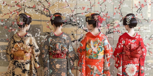 Photo quatre femmes japonaises portant un kimono traditionnel