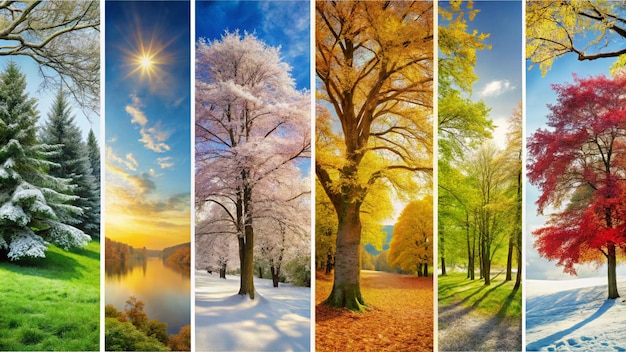 Photo quatre images différentes d'arbres avec le soleil dans le ciel