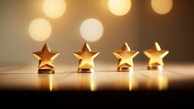 Photo quatre trophées en forme d'étoile dorée sur une surface en bois avec des lumières bokeh douces en arrière-plan