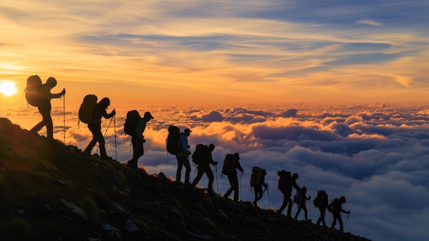 Photo des randonneurs au lever du soleil au-dessus des nuages