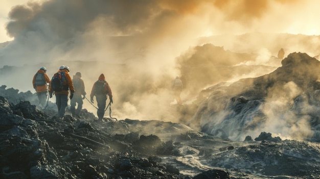 Photo des randonneurs aventureux naviguent à travers le paysage volcanique brumeux et fumé pendant un coucher de soleil spectaculaire.