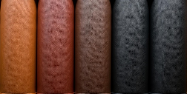 Photo une rangée de bouteilles en cuir de différentes couleurs dont l'une est rouge et noire