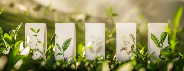 Photo une rangée de cinq boîtes blanches avec des feuilles vertes sur elles