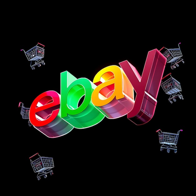 Photo render 3d du logo ebay moulé à partir de verre transparent avec un effet de réfraction de la lumière flottant à 15 degrés