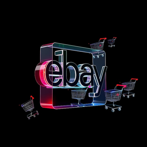 Photo render 3d du logo ebay moulé à partir de verre transparent avec un effet de réfraction de la lumière flottant à 15 degrés