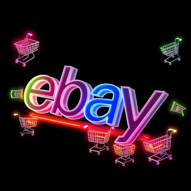 Photo render 3d logo d'ebay rendu en plastique glacé avec des bords de couleur néon flottant à un angle incliné