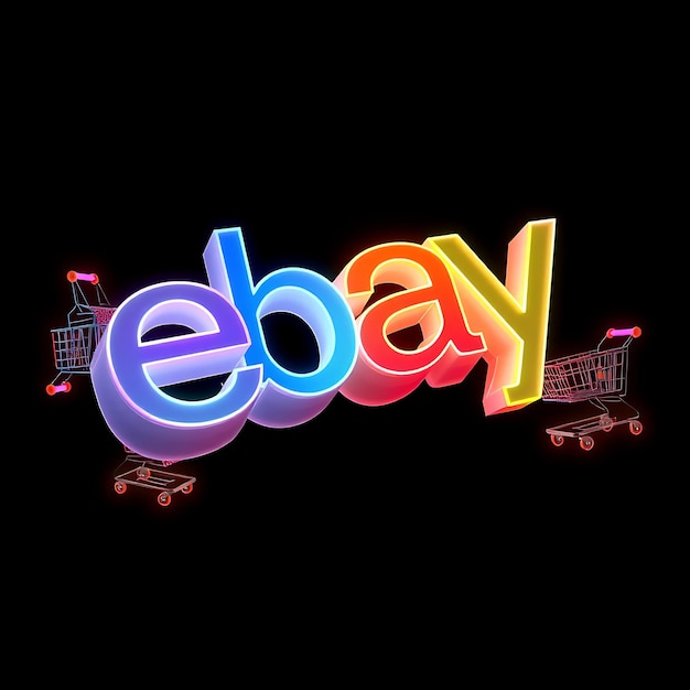 Photo render 3d logo d'ebay rendu en plastique glacé avec des bords de couleur néon flottant à un angle incliné