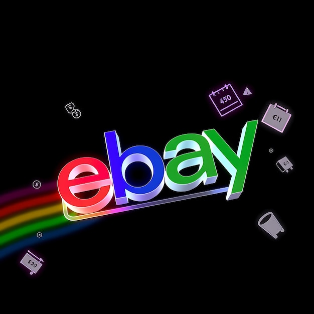 Photo renderage 3d du logo ebay extrudé à partir de verre glacé flottant à un angle oblique nuances d'arc-en-ciel au néon pul