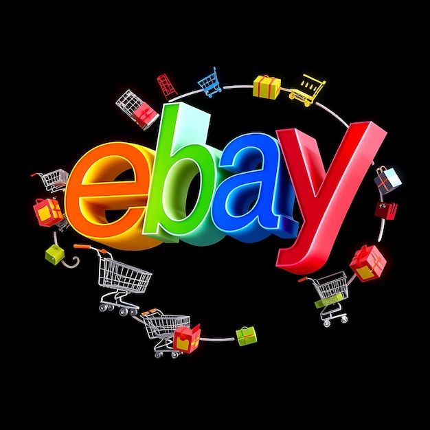 Photo rendering 3d du logo ebay en couches brillantes translucides flottant régulièrement neon bleu jaune et contour rouge