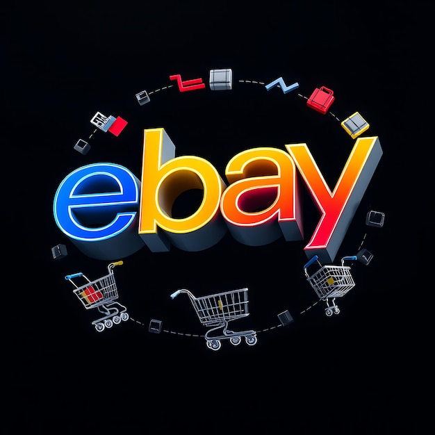 Photo rendering 3d du logo ebay en couches brillantes translucides flottant régulièrement neon bleu jaune et contour rouge