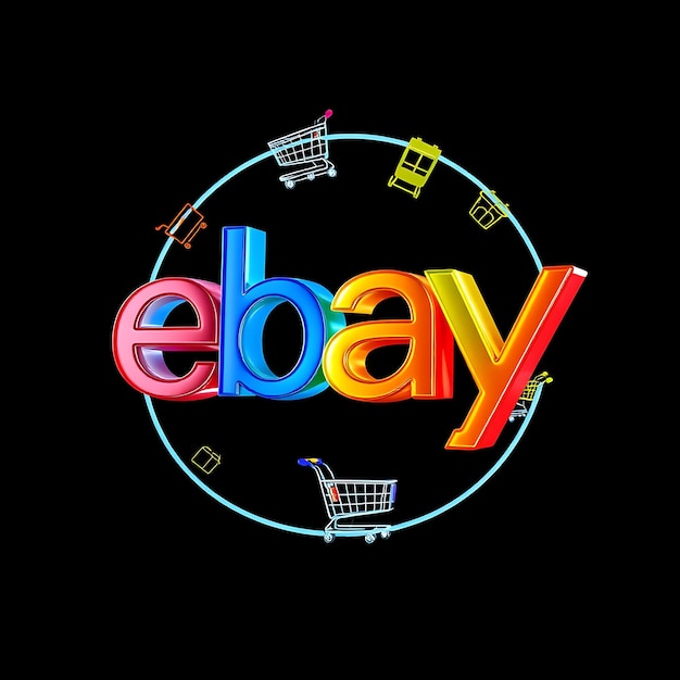 Photo rendering 3d du logo ebay en couches brillantes translucides flottant régulièrement neon bleu jaune et contour rouge