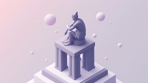 Photo rendering 3d lowpoly d'une statue d'une femme assise sur une plate-forme avec des colonnes