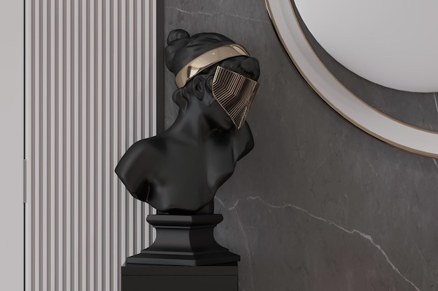 Photo rendering de l'intérieur du coin du salon moderne et exquis avec un buste de statue noire et un masque facial en or