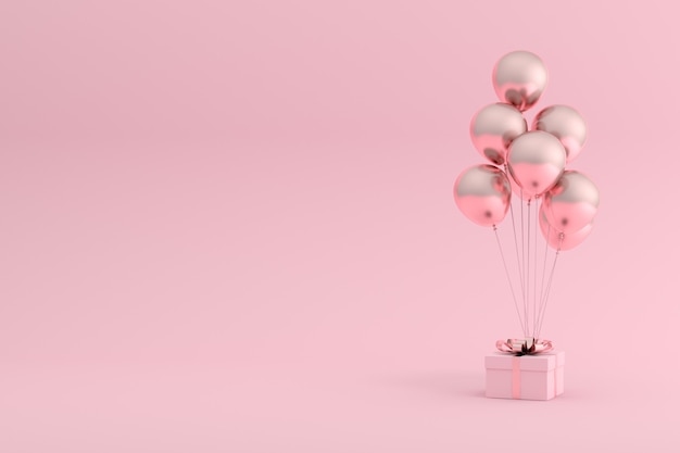 Rendu 3D de boîte-cadeau et de ballons sur fond rose.