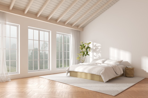 Rendu 3D de la chambre avec parquet et ombre portée par la lumière du soleil sur le lit blanc. Fond de fenêtres et de la nature.