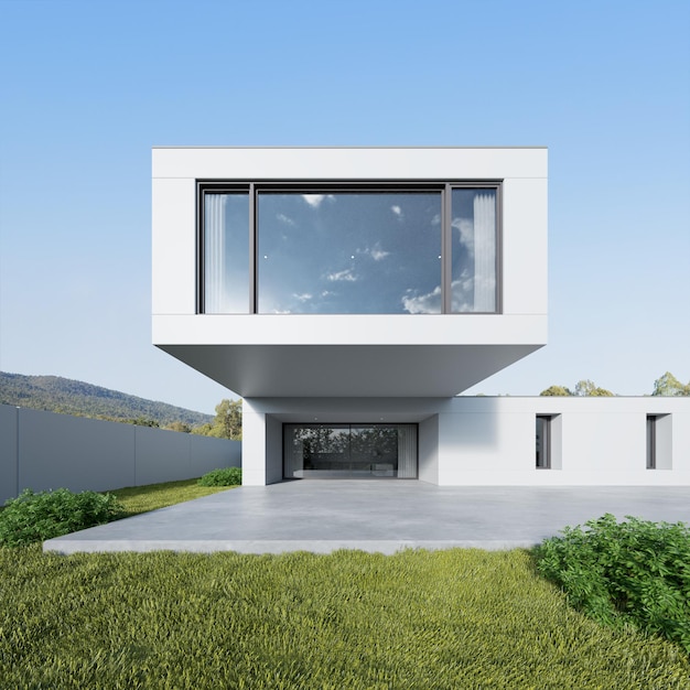 Rendu 3d d'une maison moderne blanche avec grande terrasse en béton et pelouse