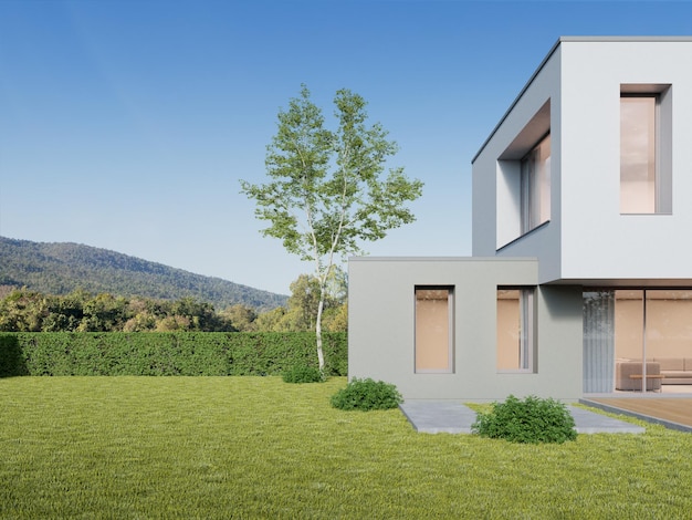 Rendu 3d d'une maison moderne de luxe avec pelouse et fond de montagne