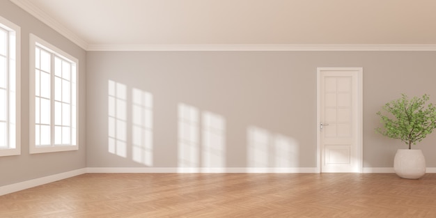 Rendu 3D d'une pièce vide blanche avec parquet et ombre portée par la lumière du soleil sur le mur. Porte blanche et vase de plante.