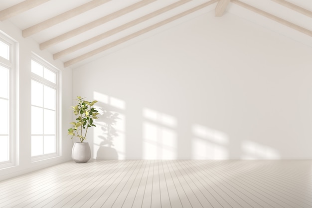 Rendu 3D d'une pièce vide avec mur blanc et vase de plante sur sol stratifié en bois.