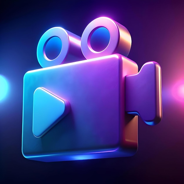 Photo un rendu 3d vibrant d'une icône de caméra vidéo éclairée par des néons parfait pour les projets liés au streaming de films ou à la technologie