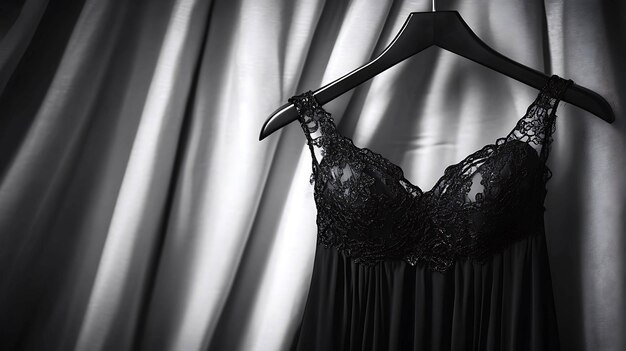 Photo une robe en dentelle noire accrochée à un cintre noir sur un fond en tissu gris drapé