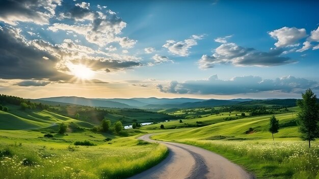 Photo une route menant au coucher du soleil avec une route menant à l'horizon