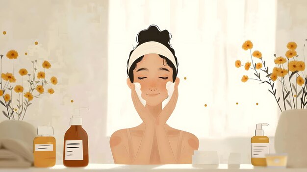 Photo routine de soins de beauté pour femmes de portrait de spa serein avec hydratant et design esthétique apaisant