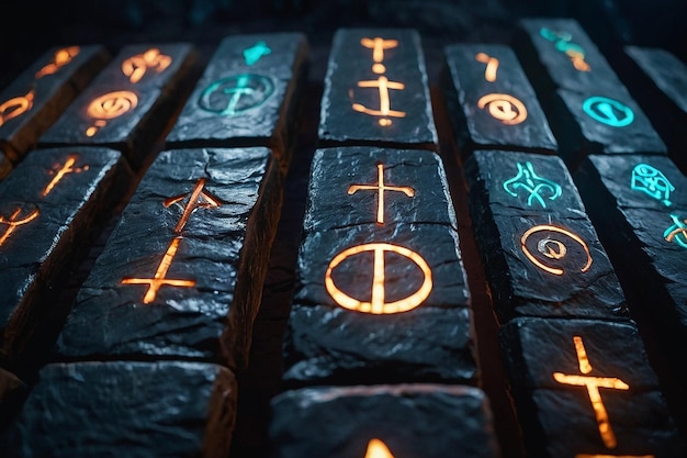 Photo des runes lumineuses sur des tablettes de pierre