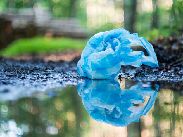 Sac en plastique bleu jonchent la forêt, se reflétant dans une flaque d'eau après la pluie. Concept d'écologie, de recyclage et de pollution plastique.