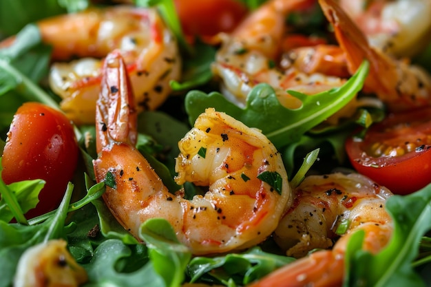 Salade de tomates de crevettes, de rogues, de fruits de mer mélangés avec des crevettes frites, des légumes verts en gros plan