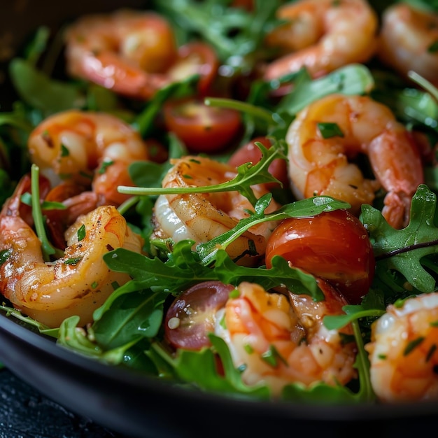 Salade de tomates de crevettes, de rogues, de fruits de mer mélangés avec des crevettes frites, des légumes verts en gros plan