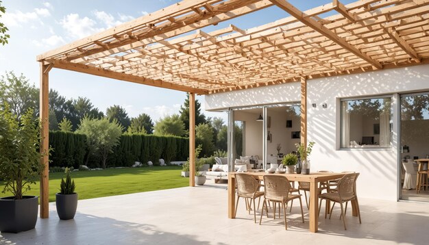 Photo une salle à manger extérieure moderne avec une pergole en bois, une grande table à manger et des chaises et une vue sur une piscine.