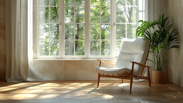 Photo un salon détendu éclairé par le soleil avec une chaise confortable