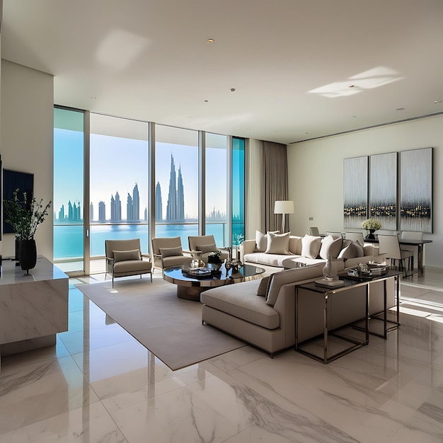 Photo un salon spacieux éclairé par le soleil dans un appartement moderne de dubaï présentant un design minimaliste avec du marbre