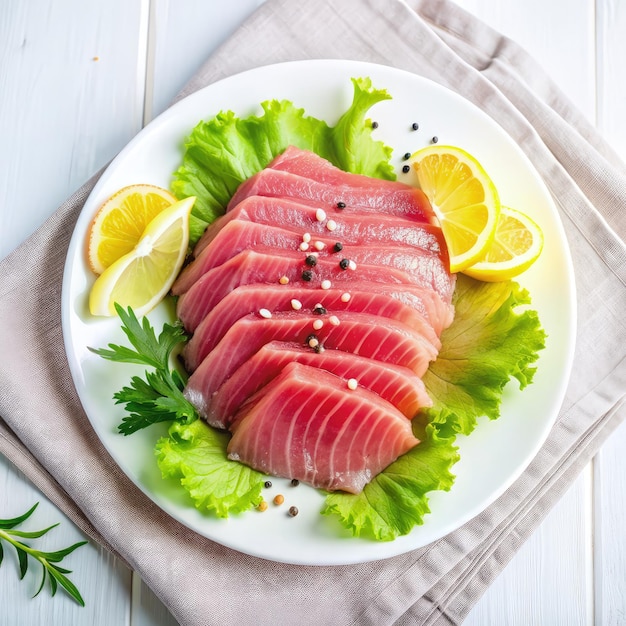 Photo sashimi de thon frais avec citron et laitue sur une assiette blanche ia générative