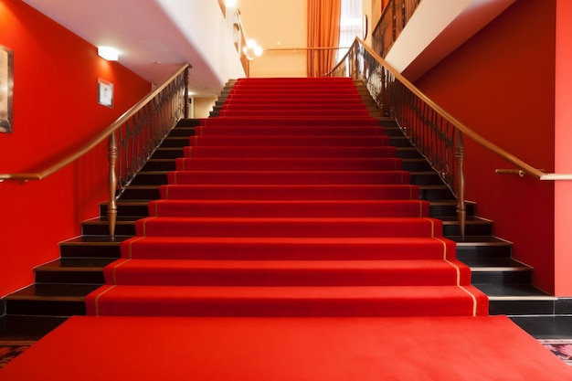 Scène intérieure des escaliers de l'hôtel recouverts de tapis rouge générative ai