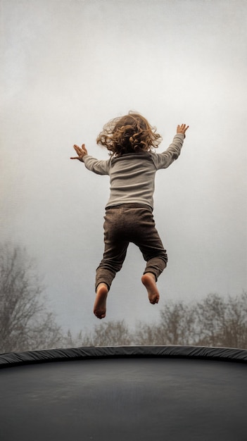 Photo une scène ludique d'un trampoline avec un enfant midjump capturant la joie et le mouvement sur un fond de couleur solide clair