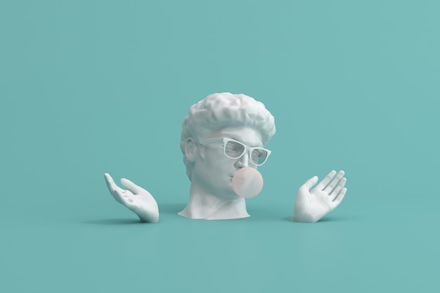 Scène minimale de lunettes de soleil sur la sculpture de la tête humaine avec du chewing-gum rose sur fond vert, rendu 3d.