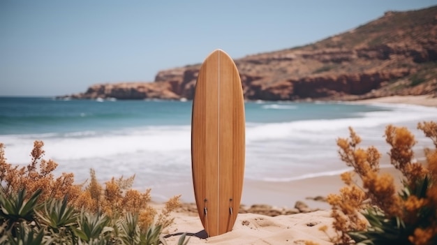 Photo scène de plage tranquille avec une planche à pagaie en bois sur une belle rive et un océan cristallin