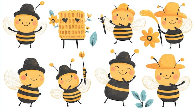 Photo série de personnages représentant des abeilles mignons de dessins animés dans diverses poses, y compris tenant une fleur tenant un pot de miel en utilisant une houe portant un casque et portant une houe