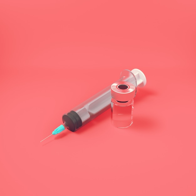 Seringue avec vaccin sur fond rouge. Notion de minimalisme. rendu 3D