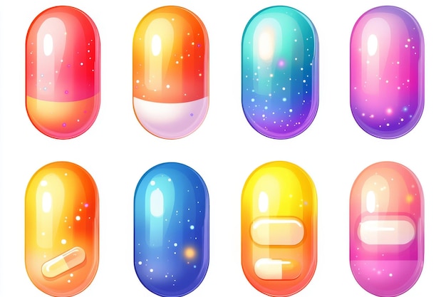 Photo set de capsules vibrantes avec des couleurs gradientes et des effets étincelants dans une illustration numérique pour le secteur pharmaceutique