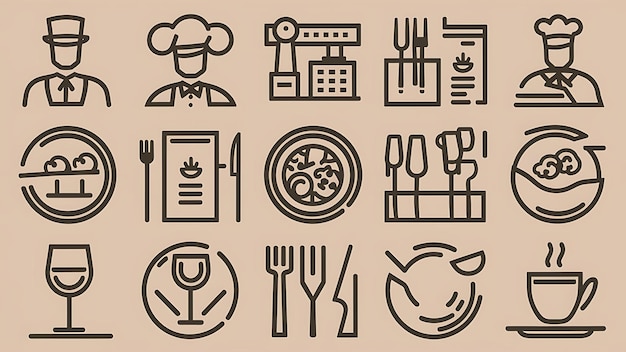 Photo set d'icônes de restaurants adapté aux sites web d'infographie et aux médias imprimés icons de ligne plate noire et blanche