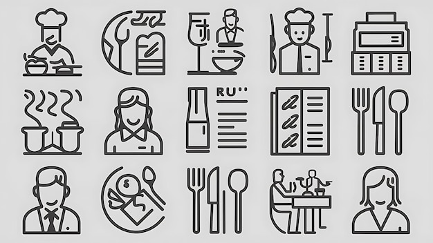 Photo set d'icônes de restaurants adapté aux sites web d'infographie et aux médias imprimés icons de ligne plate noire et blanche